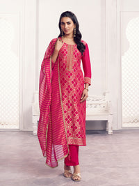 Red Jacquard Straight Kurta With Dyed Trousers And Jacquard Dupatta