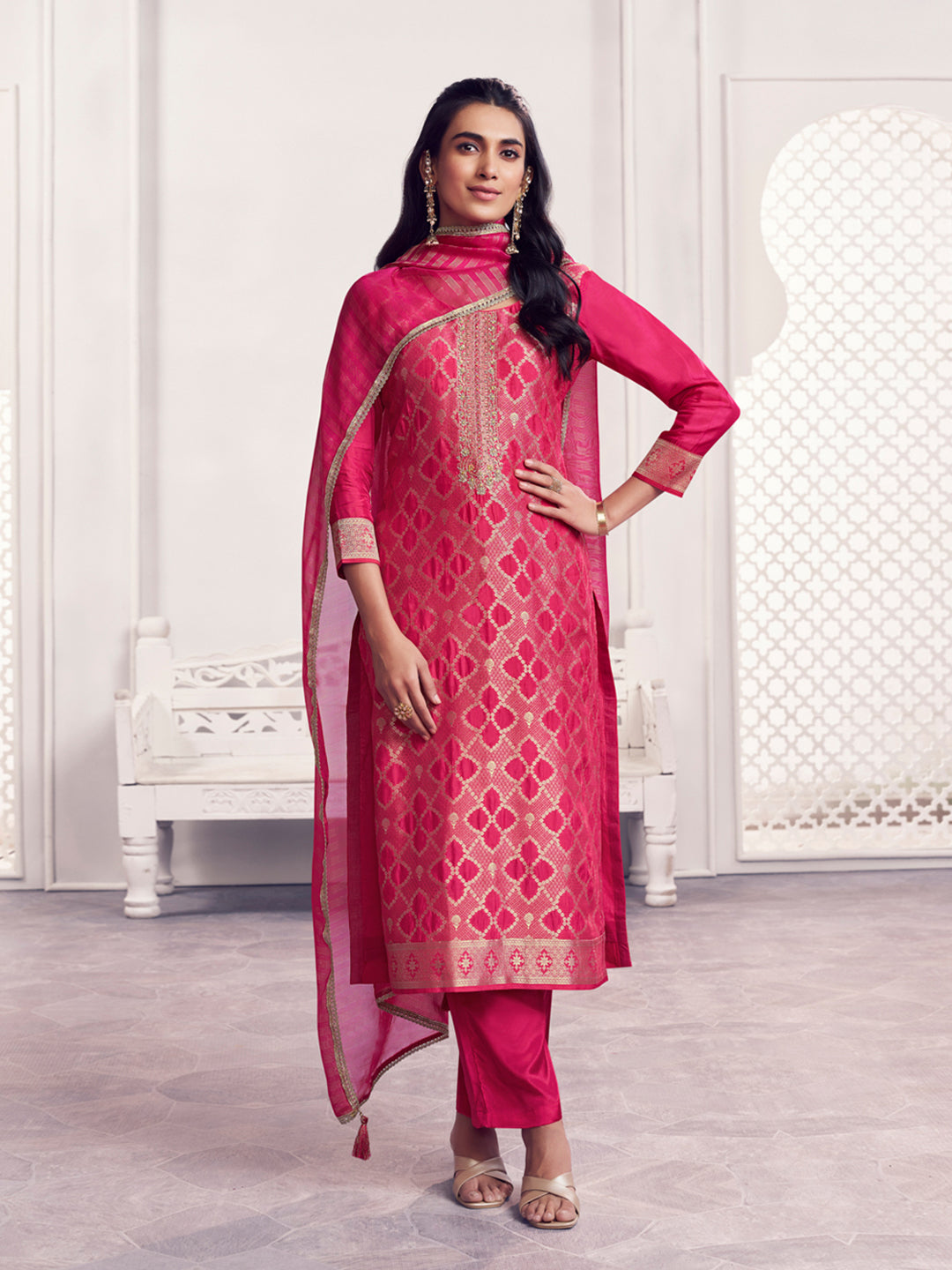 Red Jacquard Straight Kurta With Dyed Trousers And Jacquard Dupatta