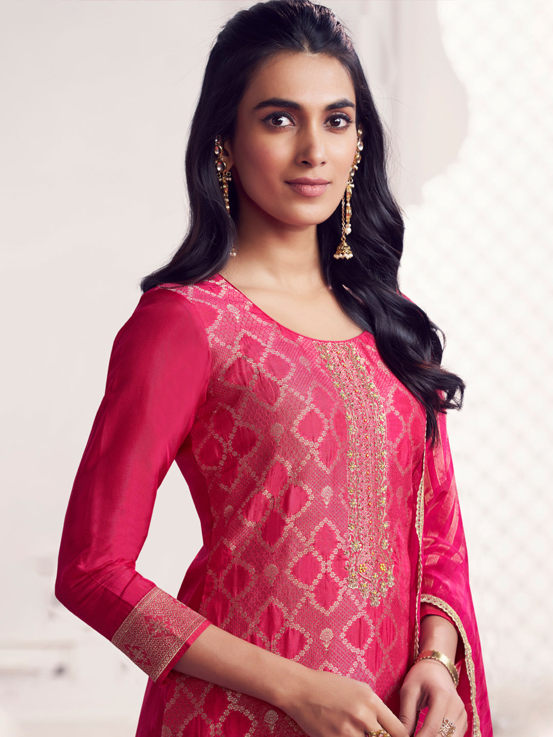 Red Jacquard Straight Kurta With Dyed Trousers And Jacquard Dupatta