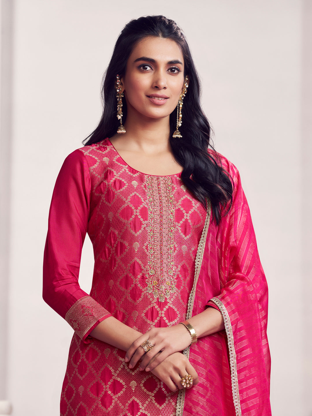 Red Jacquard Straight Kurta With Dyed Trousers And Jacquard Dupatta