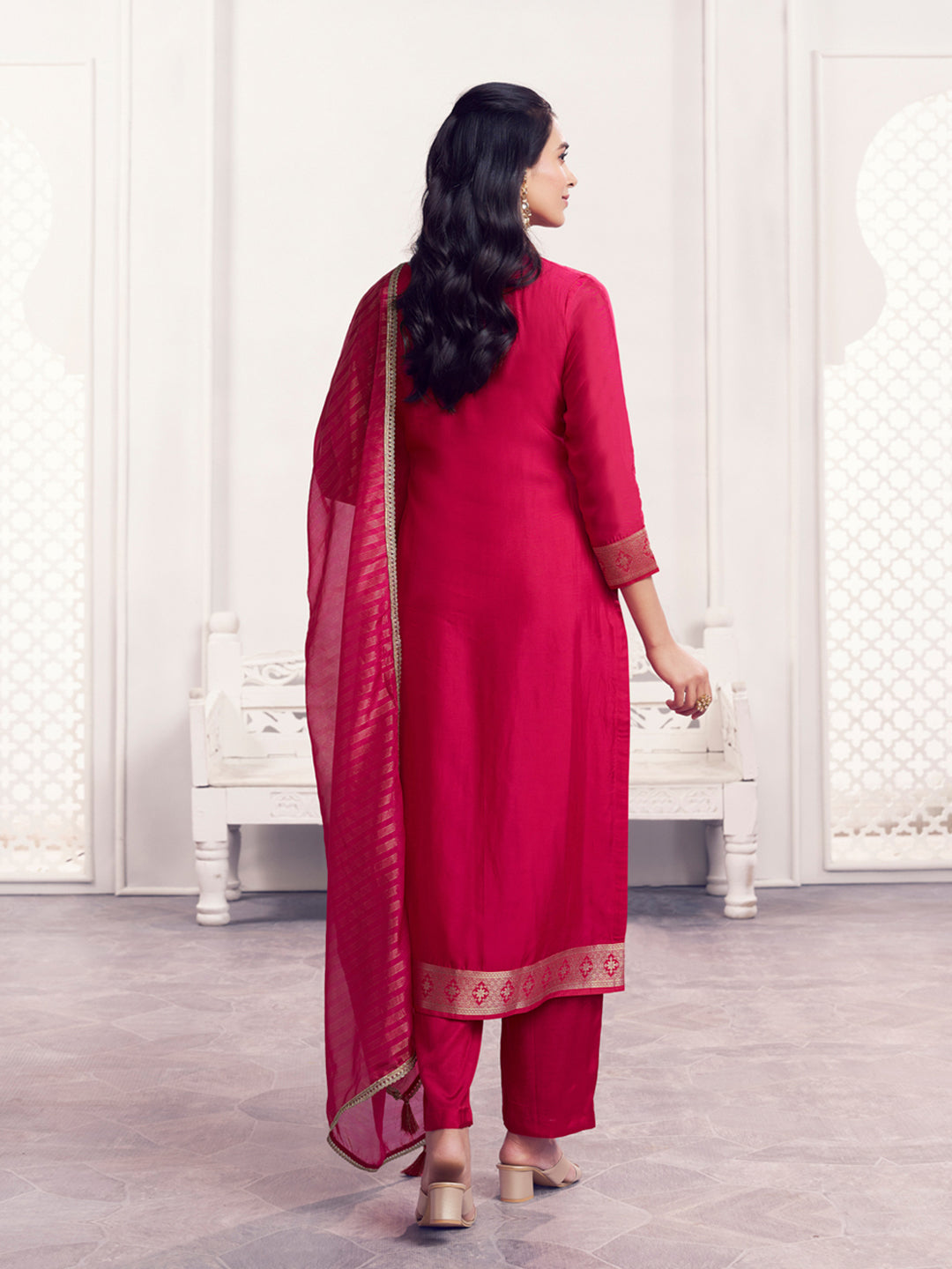 Red Jacquard Straight Kurta With Dyed Trousers And Jacquard Dupatta