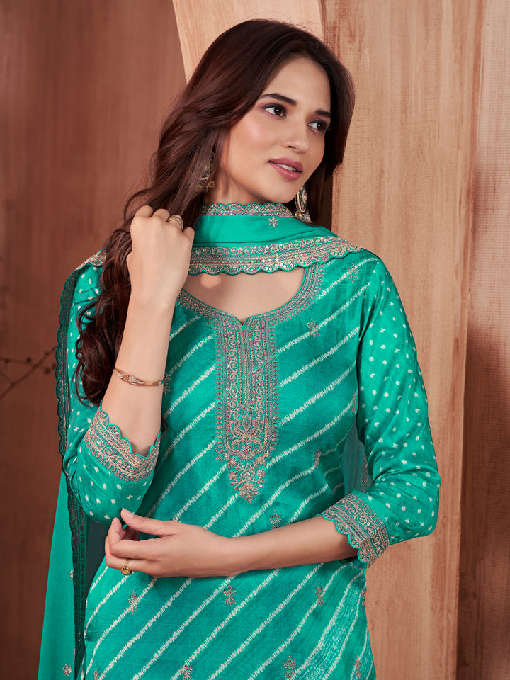 Turquoise-Blue Printed Straight Kurta With Dyed Trousers And Embroidery Dupatta