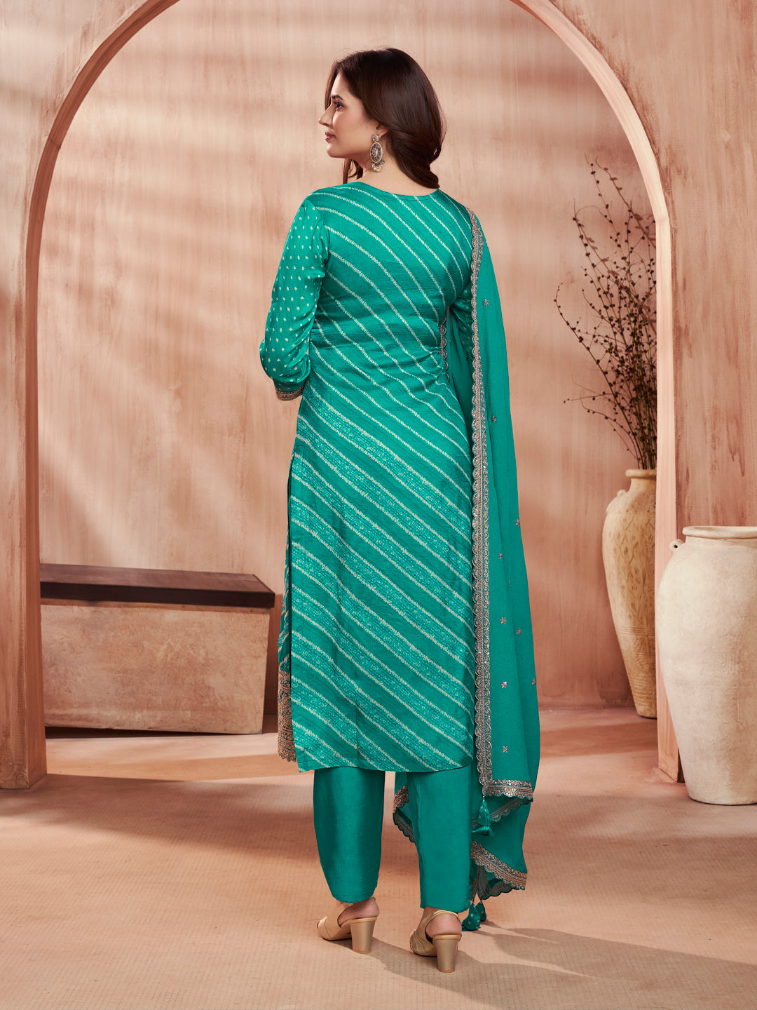 Turquoise-Blue Printed Straight Kurta With Dyed Trousers And Embroidery Dupatta