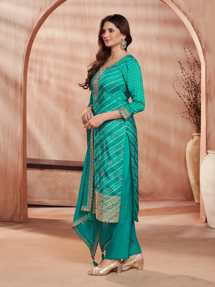 Turquoise-Blue Printed Straight Kurta With Dyed Trousers And Embroidery Dupatta