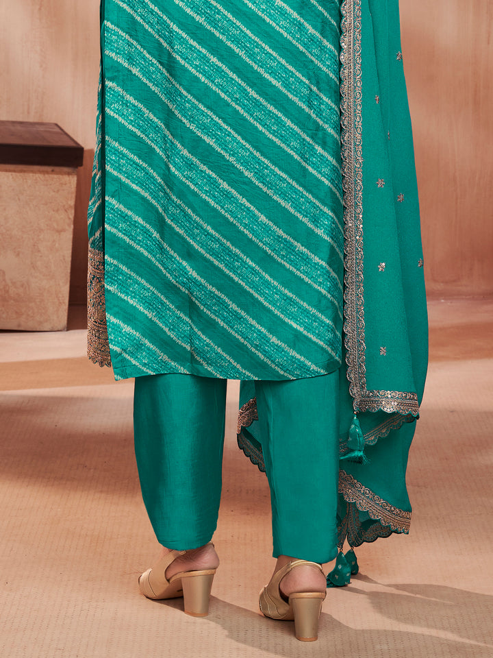 Turquoise-Blue Printed Straight Kurta With Dyed Trousers And Embroidery Dupatta