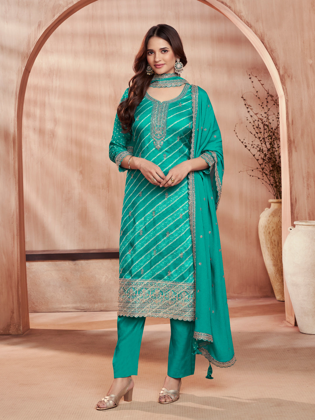 Turquoise-Blue Printed Straight Kurta With Dyed Trousers And Embroidery Dupatta