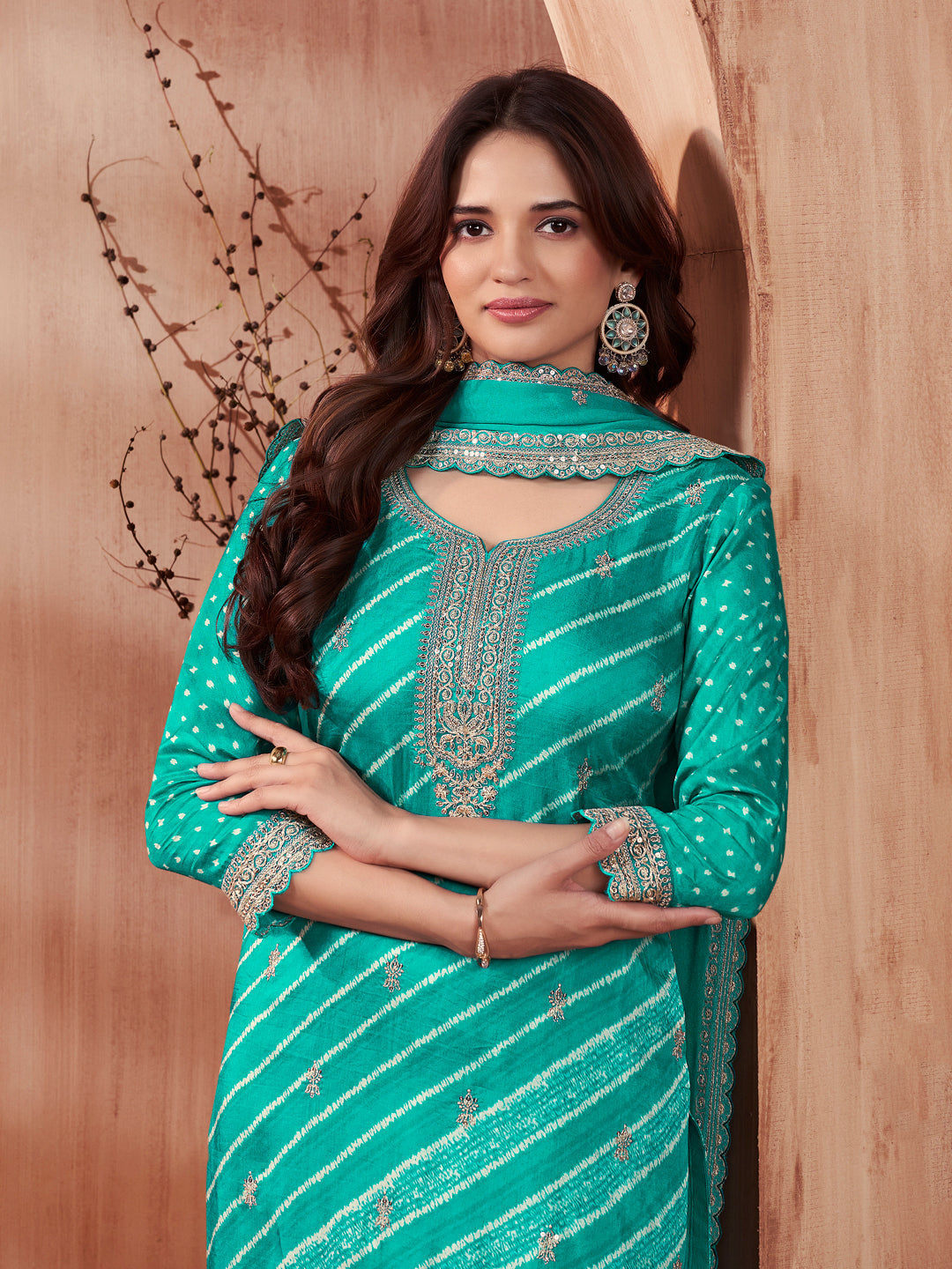 Turquoise-Blue Printed Straight Kurta With Dyed Trousers And Embroidery Dupatta