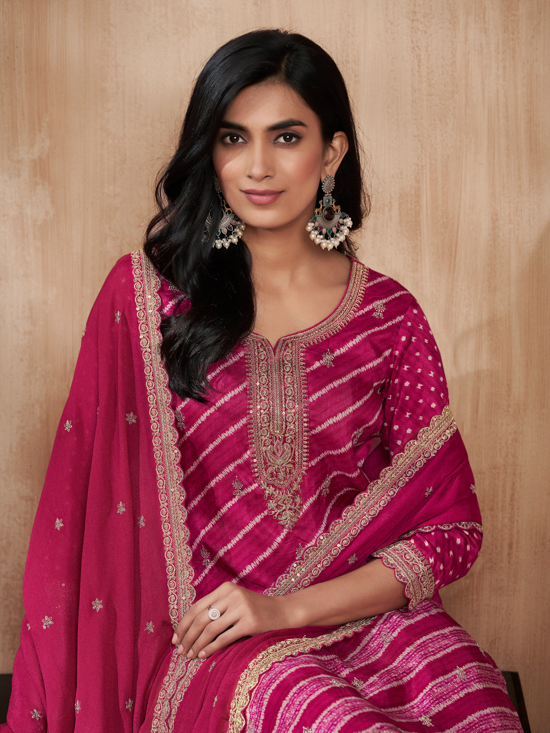 Magenta Printed Straight Kurta With Dyed Trousers And Embroidery Dupatta