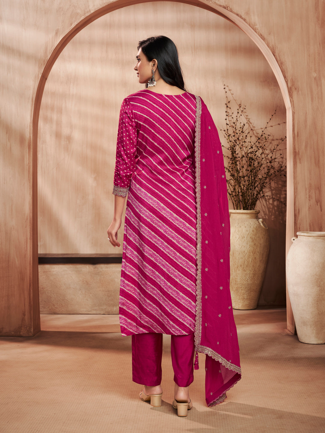 Magenta Printed Straight Kurta With Dyed Trousers And Embroidery Dupatta