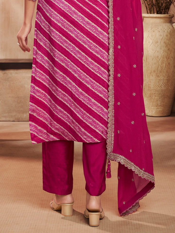 Magenta Printed Straight Kurta With Dyed Trousers And Embroidery Dupatta