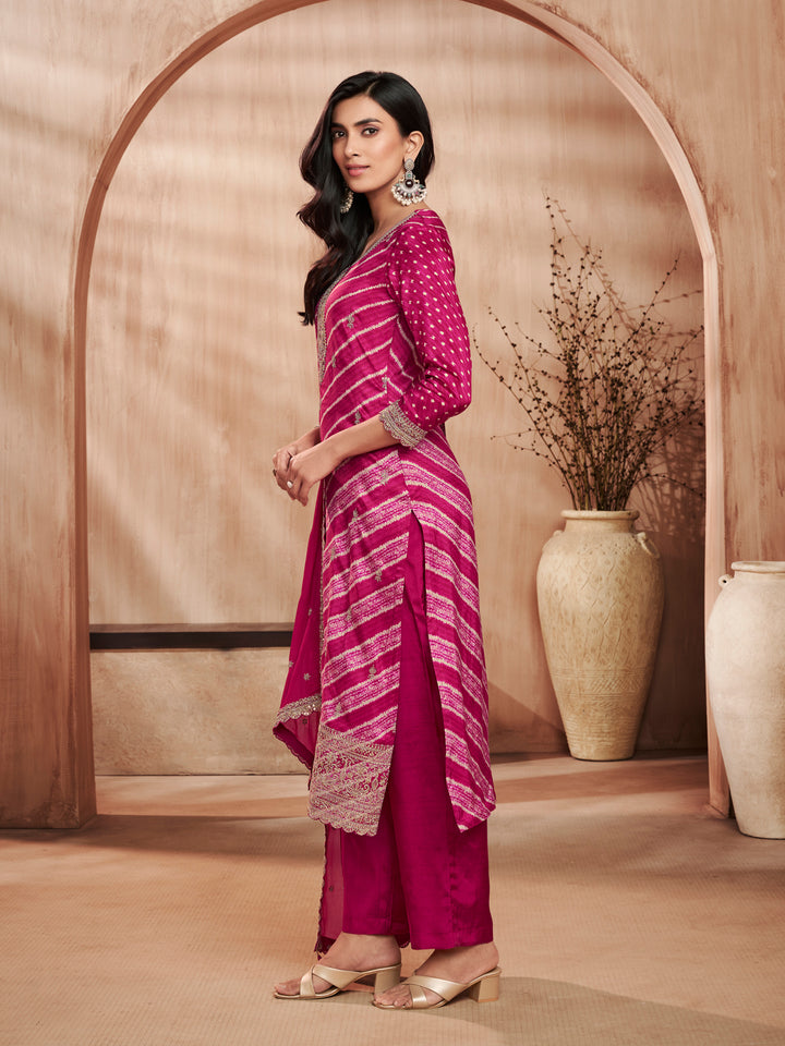 Magenta Printed Straight Kurta With Dyed Trousers And Embroidery Dupatta