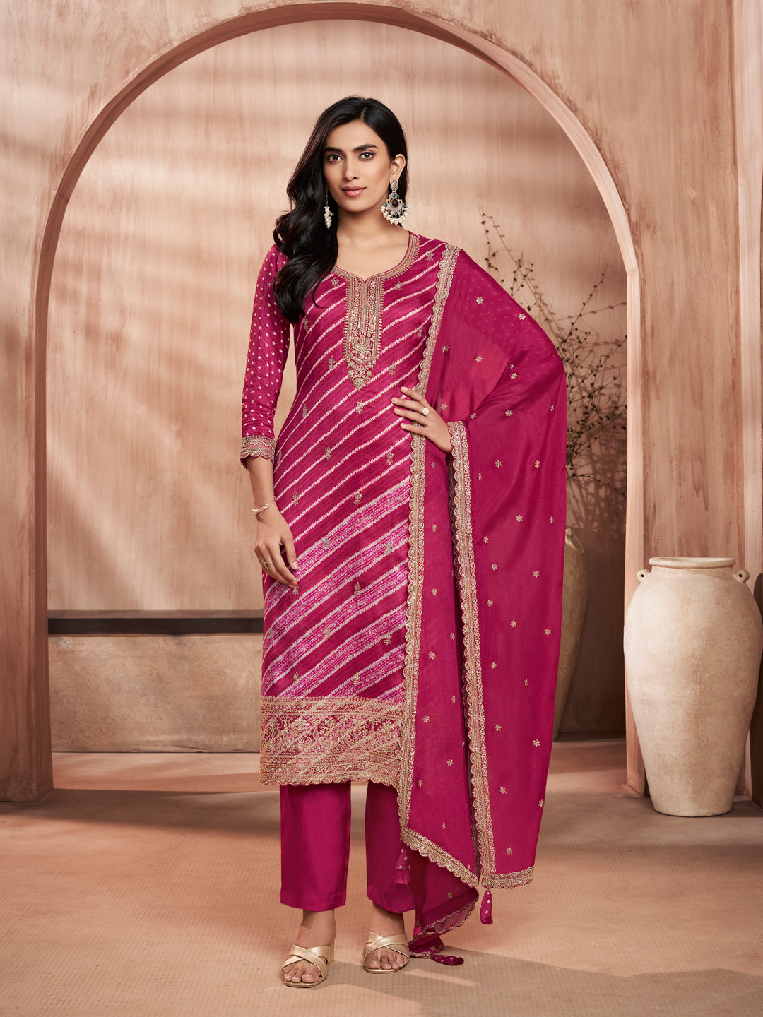 Magenta Printed Straight Kurta With Dyed Trousers And Embroidery Dupatta
