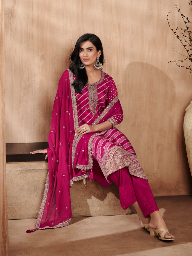 Magenta Printed Straight Kurta With Dyed Trousers And Embroidery Dupatta