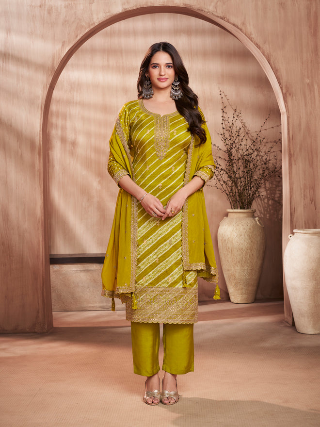 Olive Printed Straight Kurta With Dyed Trousers And Embroidery Dupatta