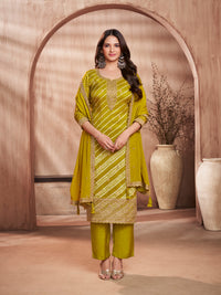 Olive Printed Straight Kurta With Dyed Trousers And Embroidery Dupatta