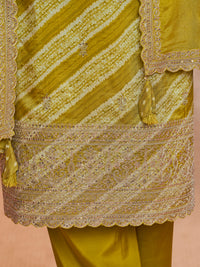 Olive Printed Straight Kurta With Dyed Trousers And Embroidery Dupatta