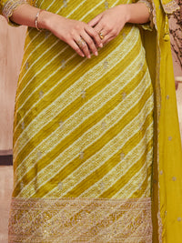 Olive Printed Straight Kurta With Dyed Trousers And Embroidery Dupatta
