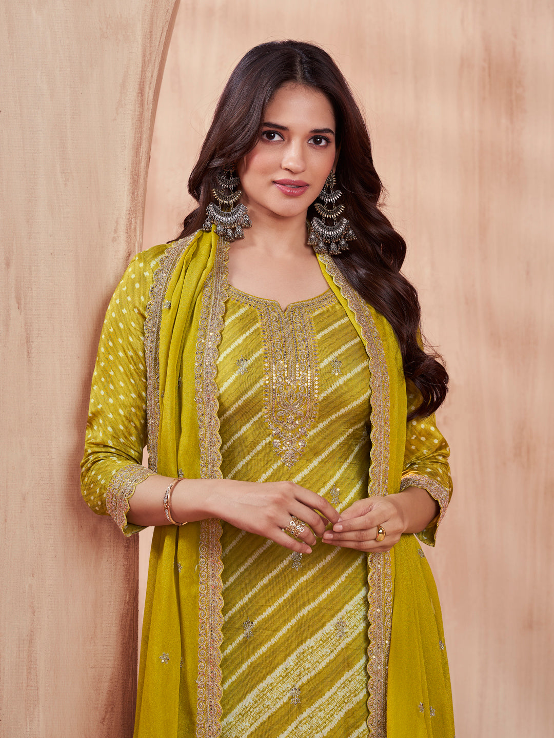 Olive Printed Straight Kurta With Dyed Trousers And Embroidery Dupatta