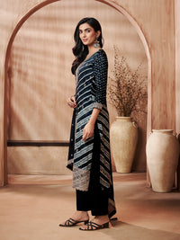Black Printed Straight Kurta With Dyed Trousers And Embroidery Dupatta