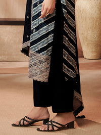 Black Printed Straight Kurta With Dyed Trousers And Embroidery Dupatta