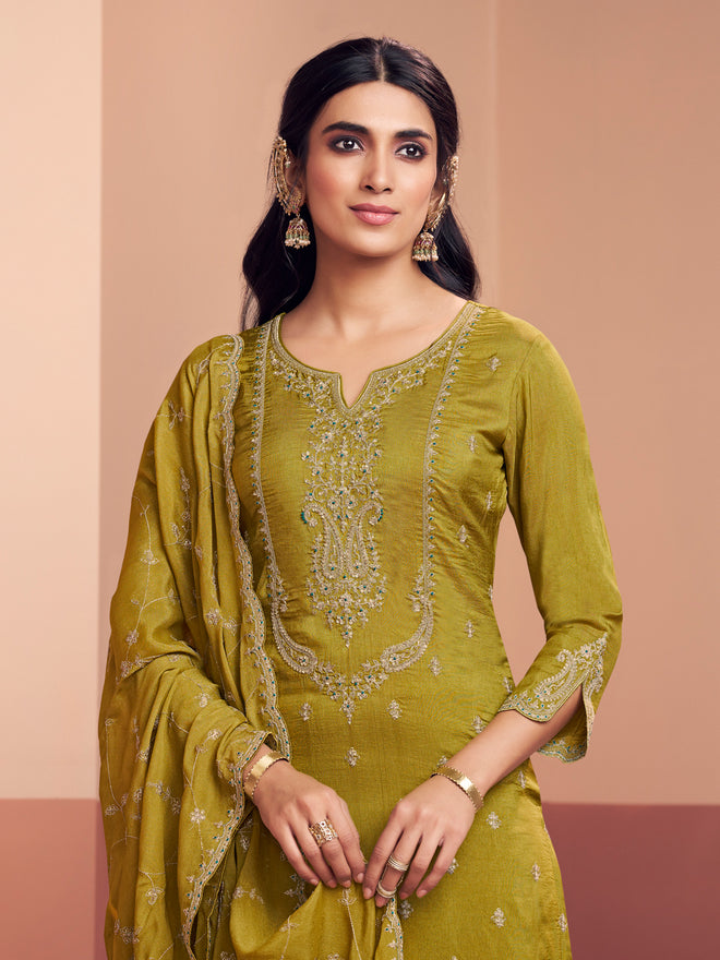 Olive Embroidery Straight Kurta With Dyed Trousers And Embroidery Dupatta