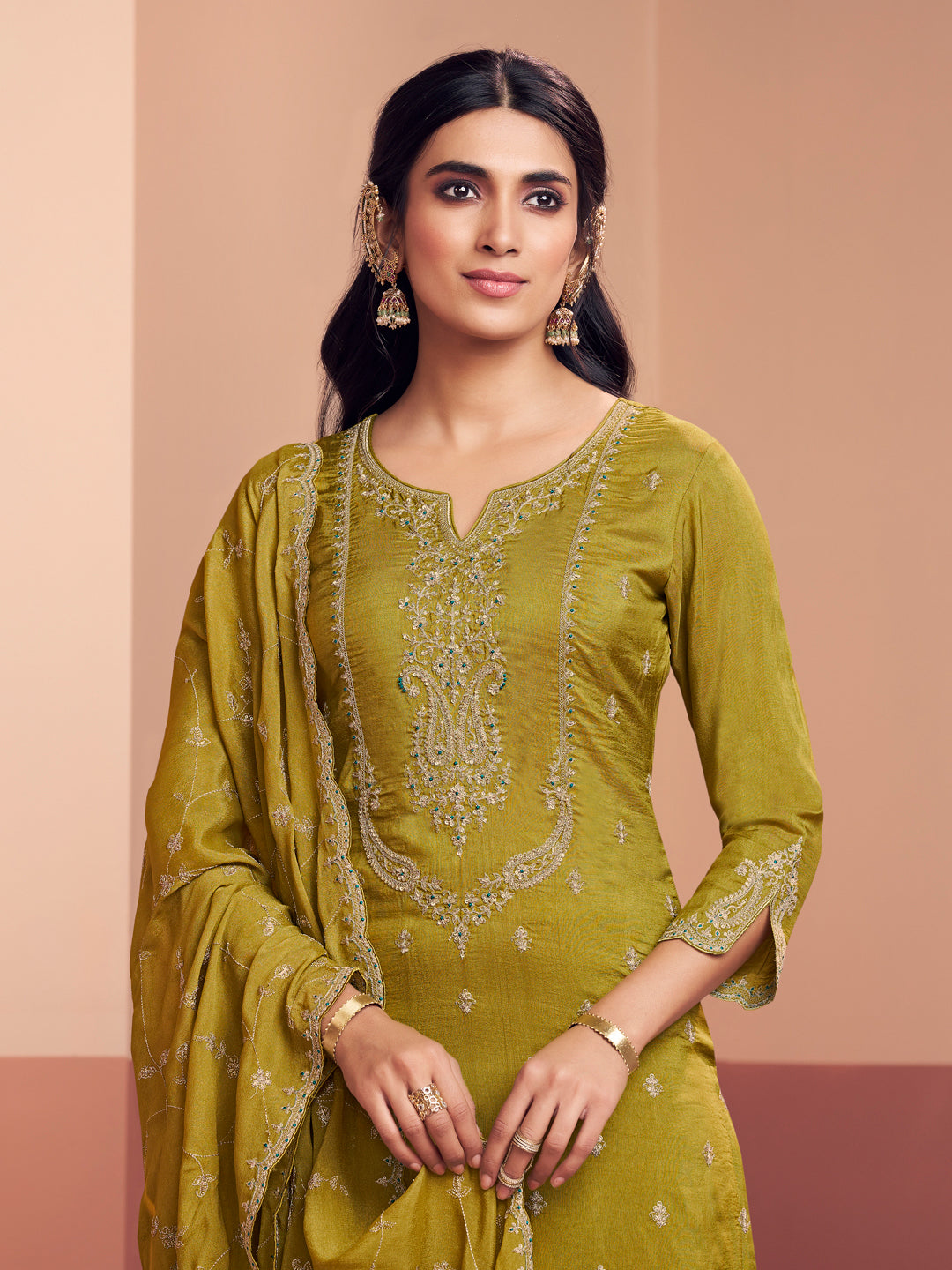 Olive Embroidery Straight Kurta With Dyed Trousers And Embroidery Dupatta