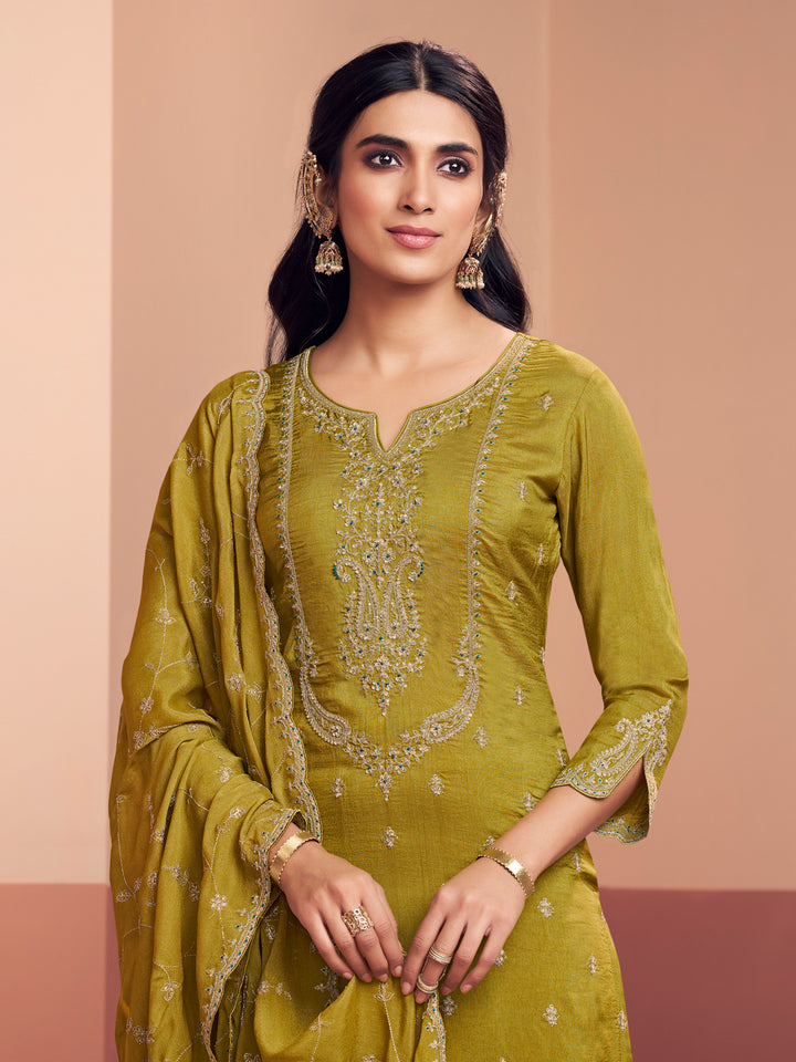 Olive Embroidery Straight Kurta With Dyed Trousers And Embroidery Dupatta