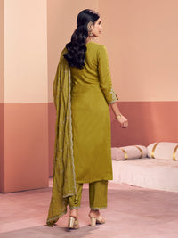 Olive Embroidery Straight Kurta With Dyed Trousers And Embroidery Dupatta