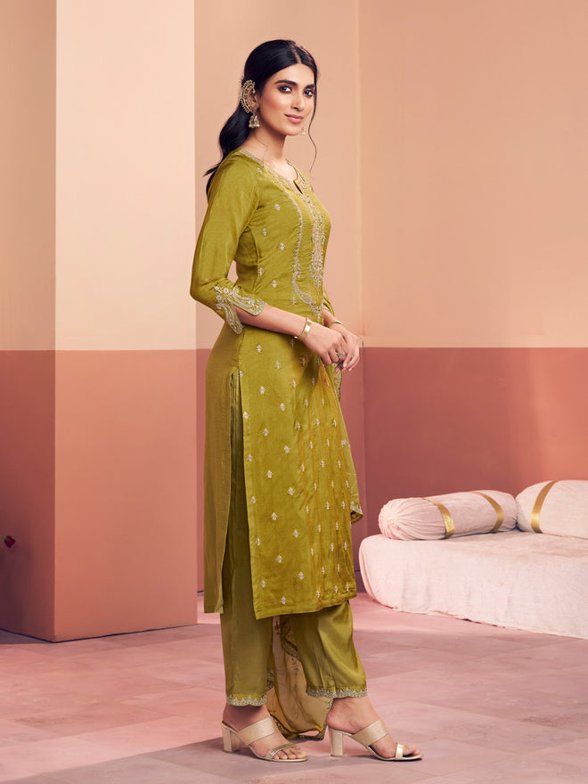 Olive Embroidery Straight Kurta With Dyed Trousers And Embroidery Dupatta