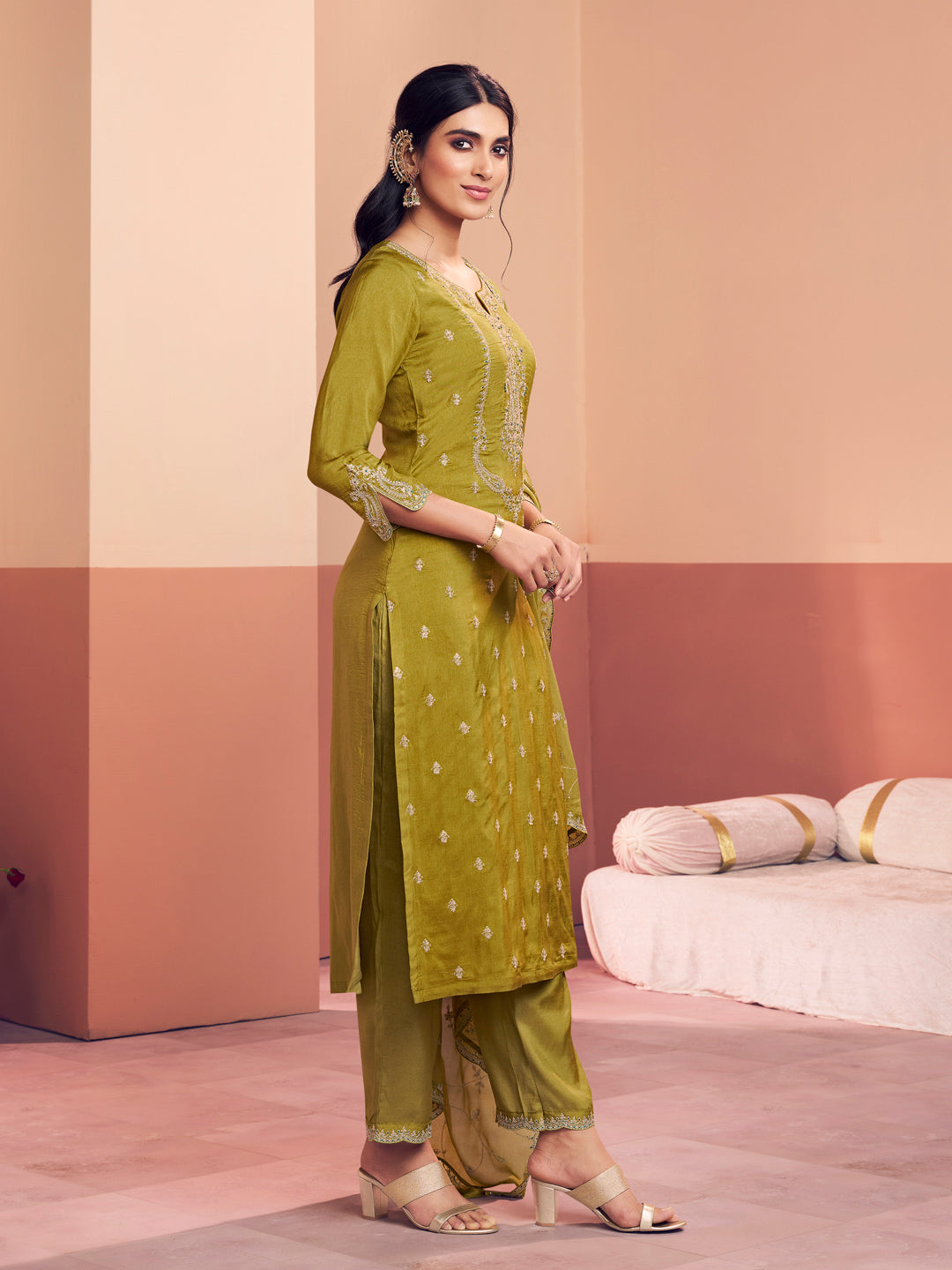 Olive Embroidery Straight Kurta With Dyed Trousers And Embroidery Dupatta