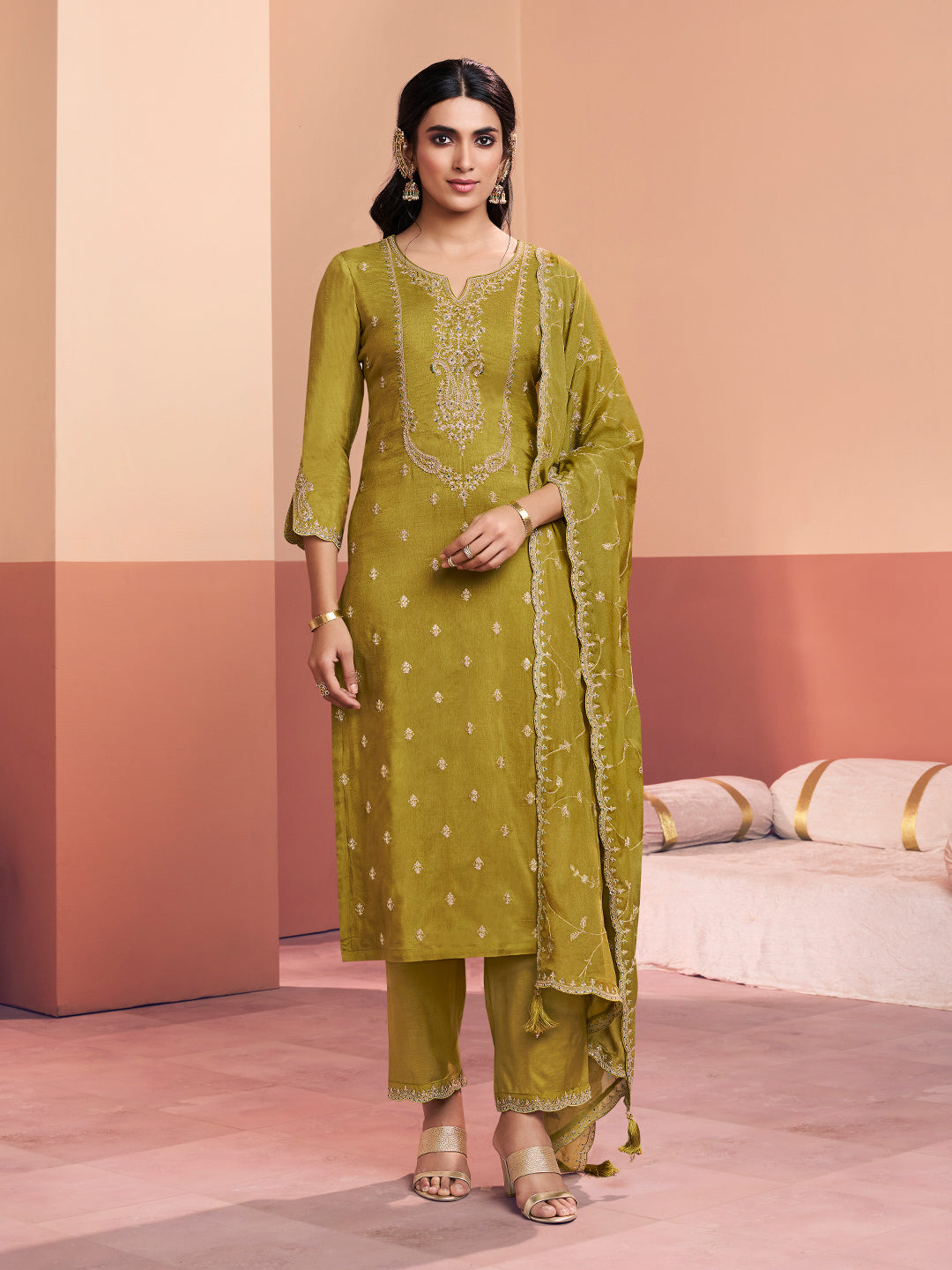 Olive Embroidery Straight Kurta With Dyed Trousers And Embroidery Dupatta