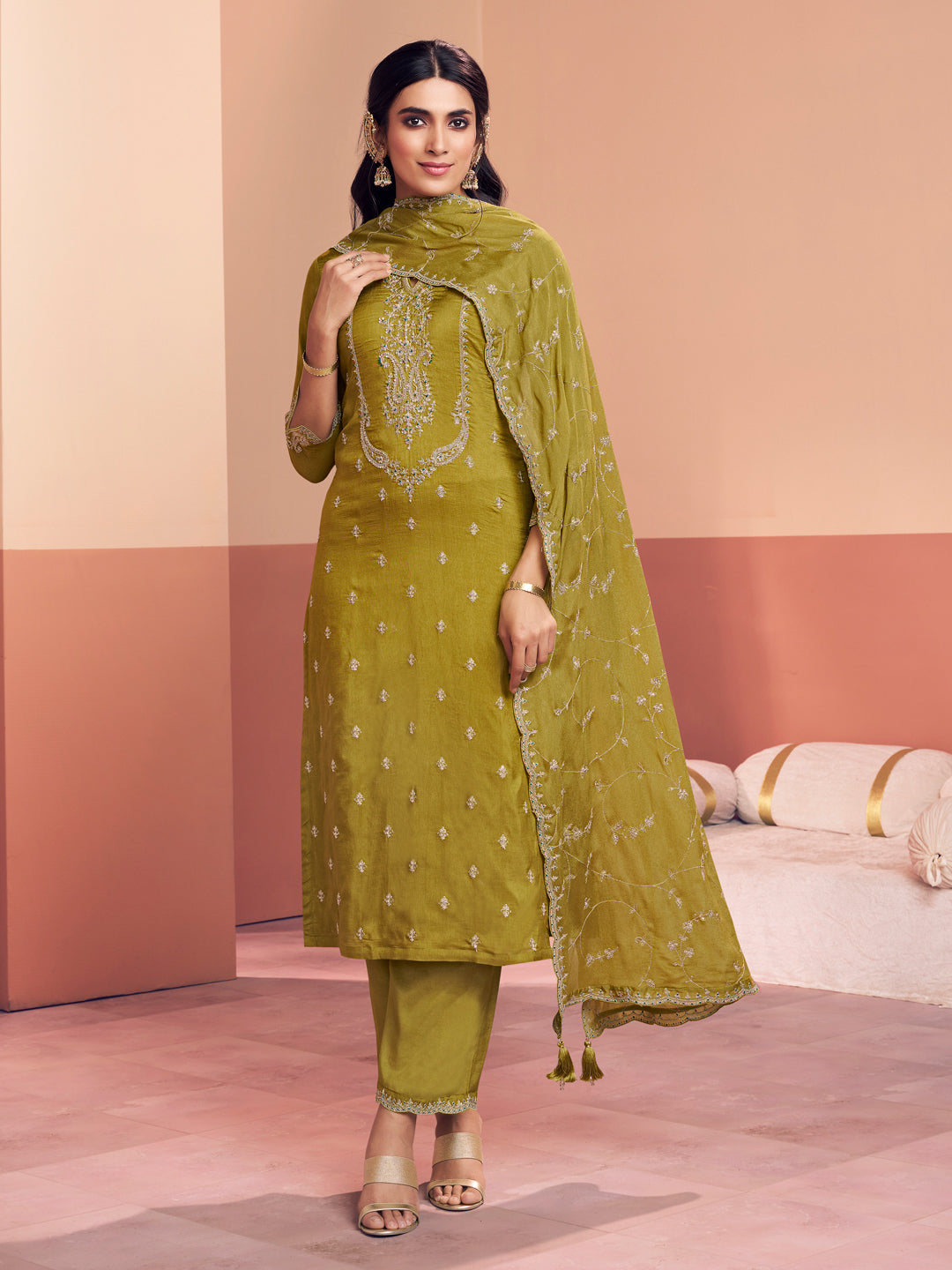 Olive Embroidery Straight Kurta With Dyed Trousers And Embroidery Dupatta