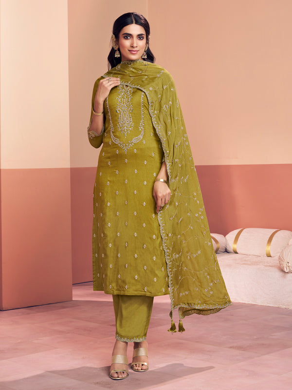 Olive Embroidery Straight Kurta With Dyed Trousers And Embroidery Dupatta