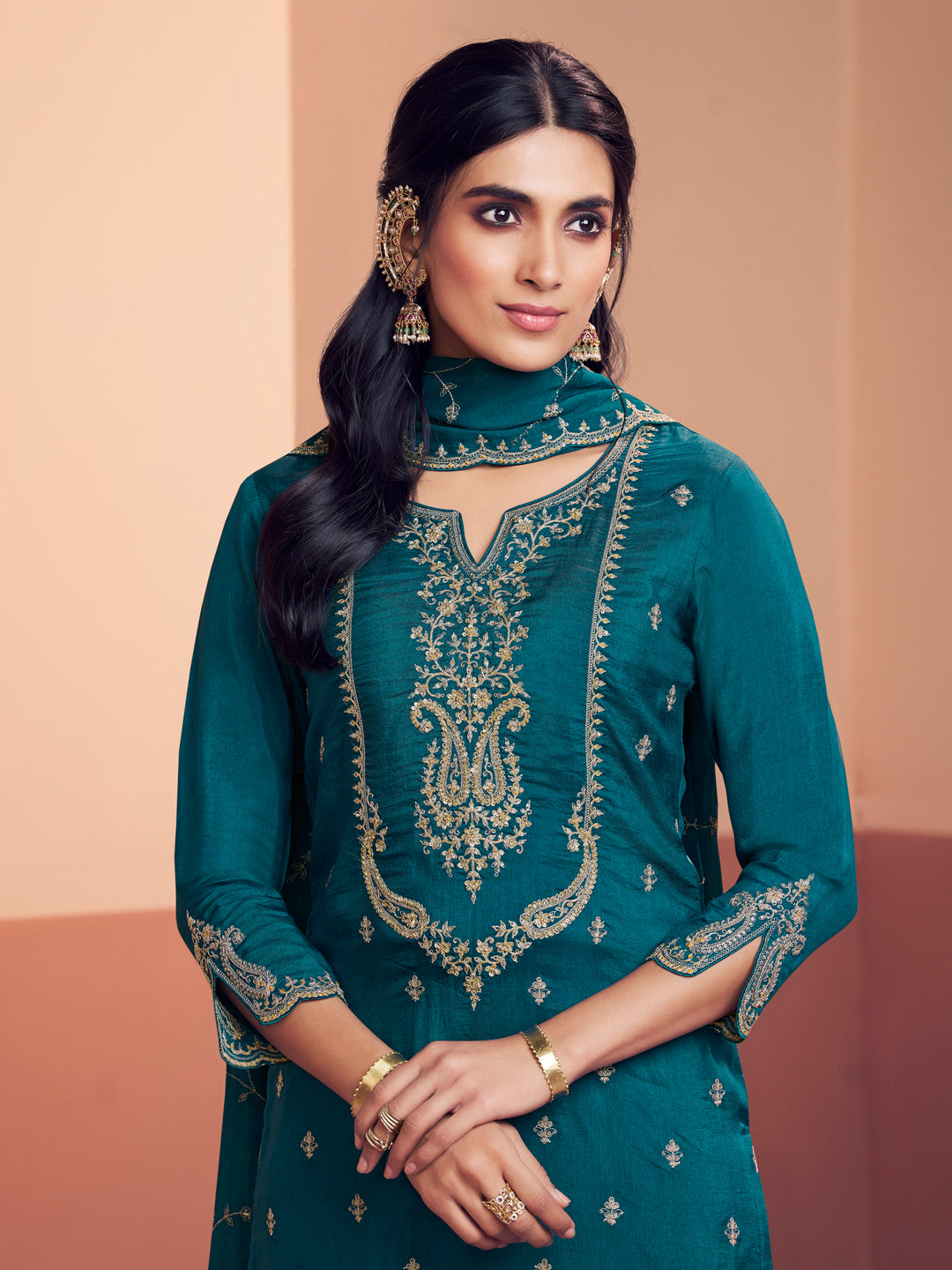 Teal Embroidery Straight Kurta With Dyed Trousers And Embroidery Dupatta
