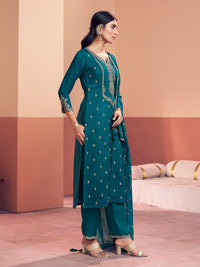 Teal Embroidery With Mina Straight Kurta And Dyed Trousers With Mina Embroidery Dupatta