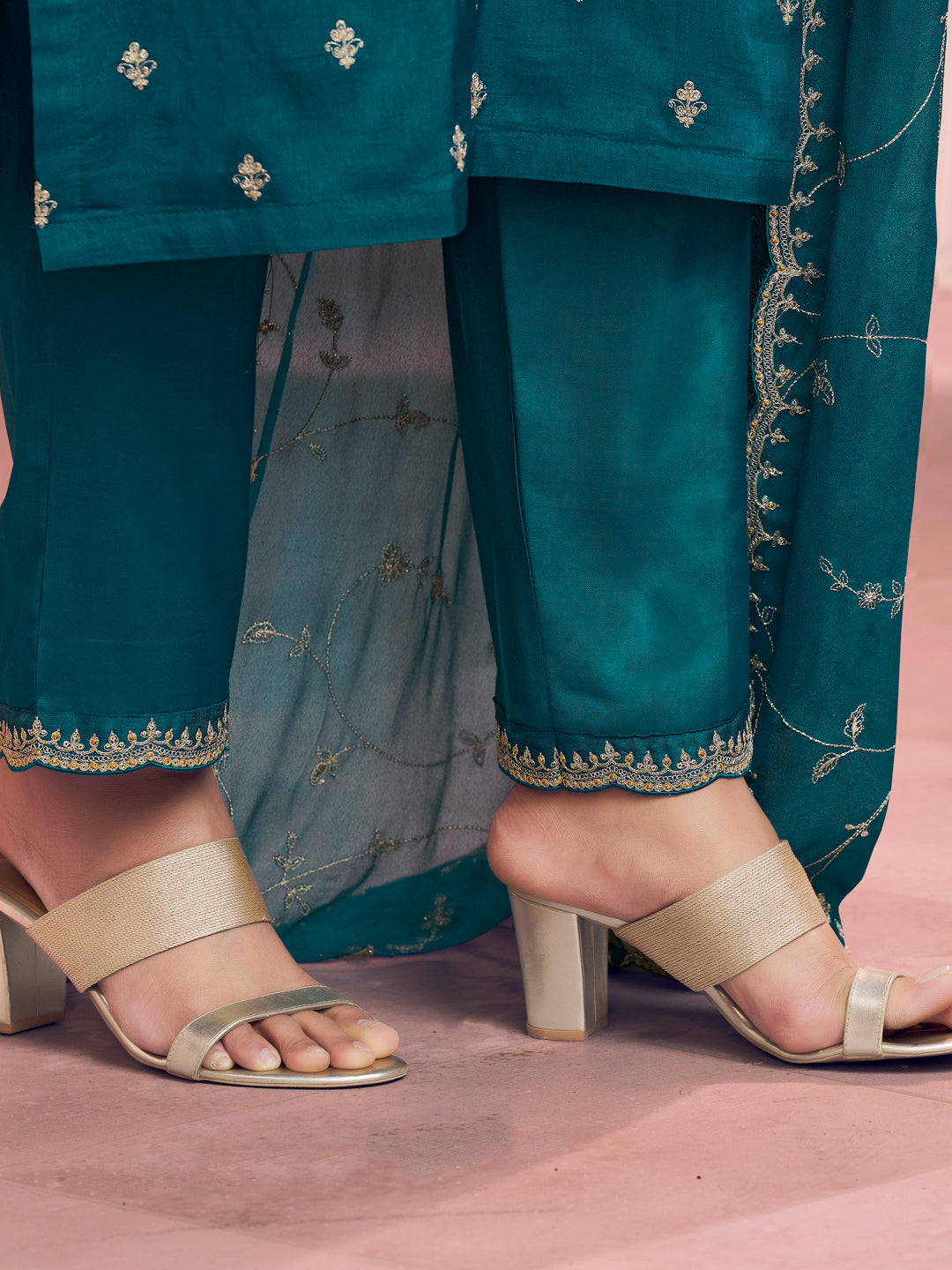 Teal Embroidery Straight Kurta With Dyed Trousers And Embroidery Dupatta