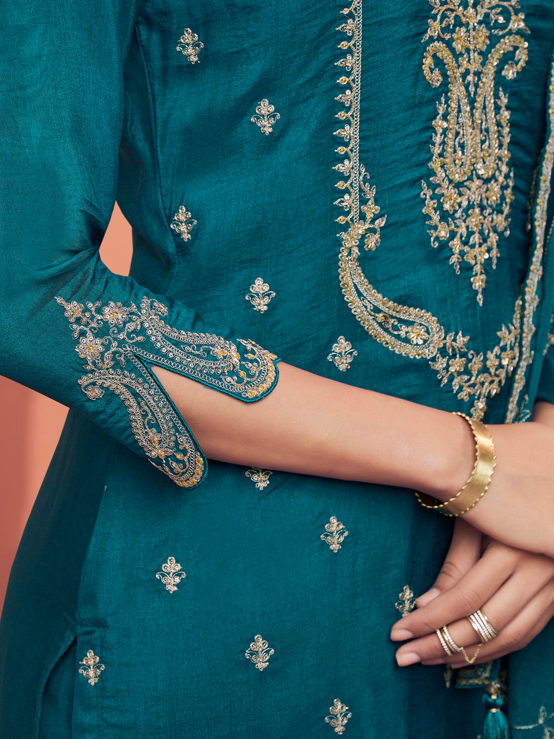 Teal Embroidery Straight Kurta With Dyed Trousers And Embroidery Dupatta
