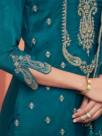 Teal Embroidery With Mina Straight Kurta And Dyed Trousers With Mina Embroidery Dupatta