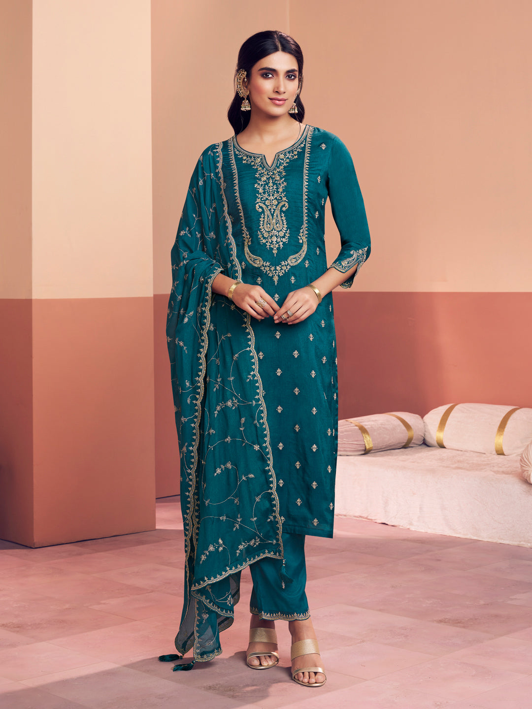 Teal Embroidery Straight Kurta With Dyed Trousers And Embroidery Dupatta