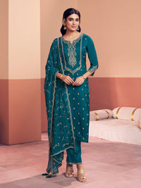Teal Embroidery With Mina Straight Kurta And Dyed Trousers With Mina Embroidery Dupatta