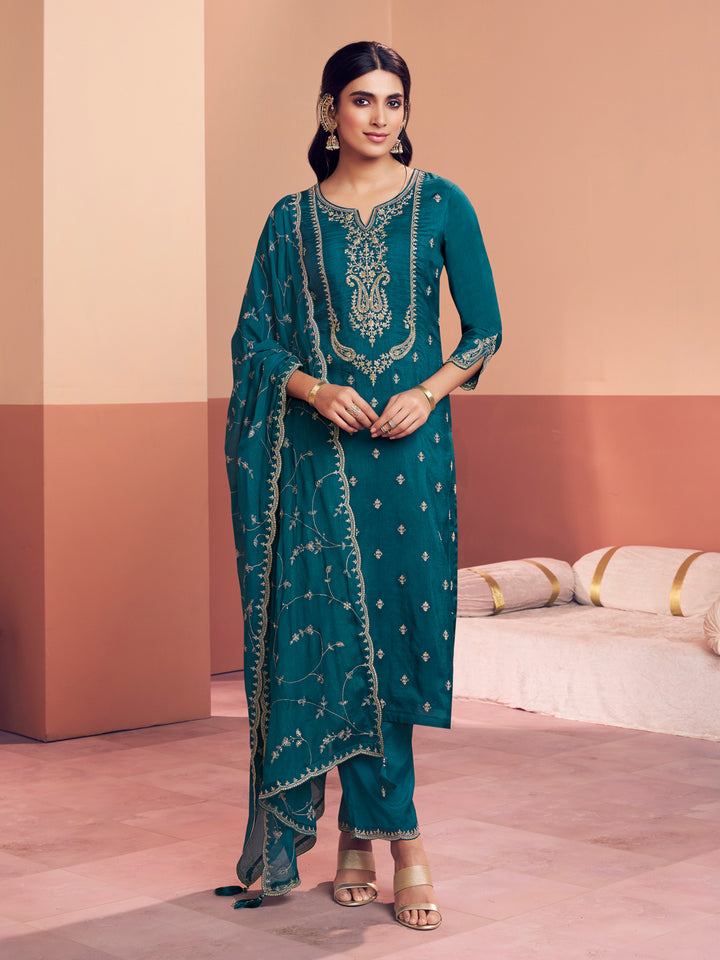 Teal Embroidery With Mina Straight Kurta And Dyed Trousers With Mina Embroidery Dupatta