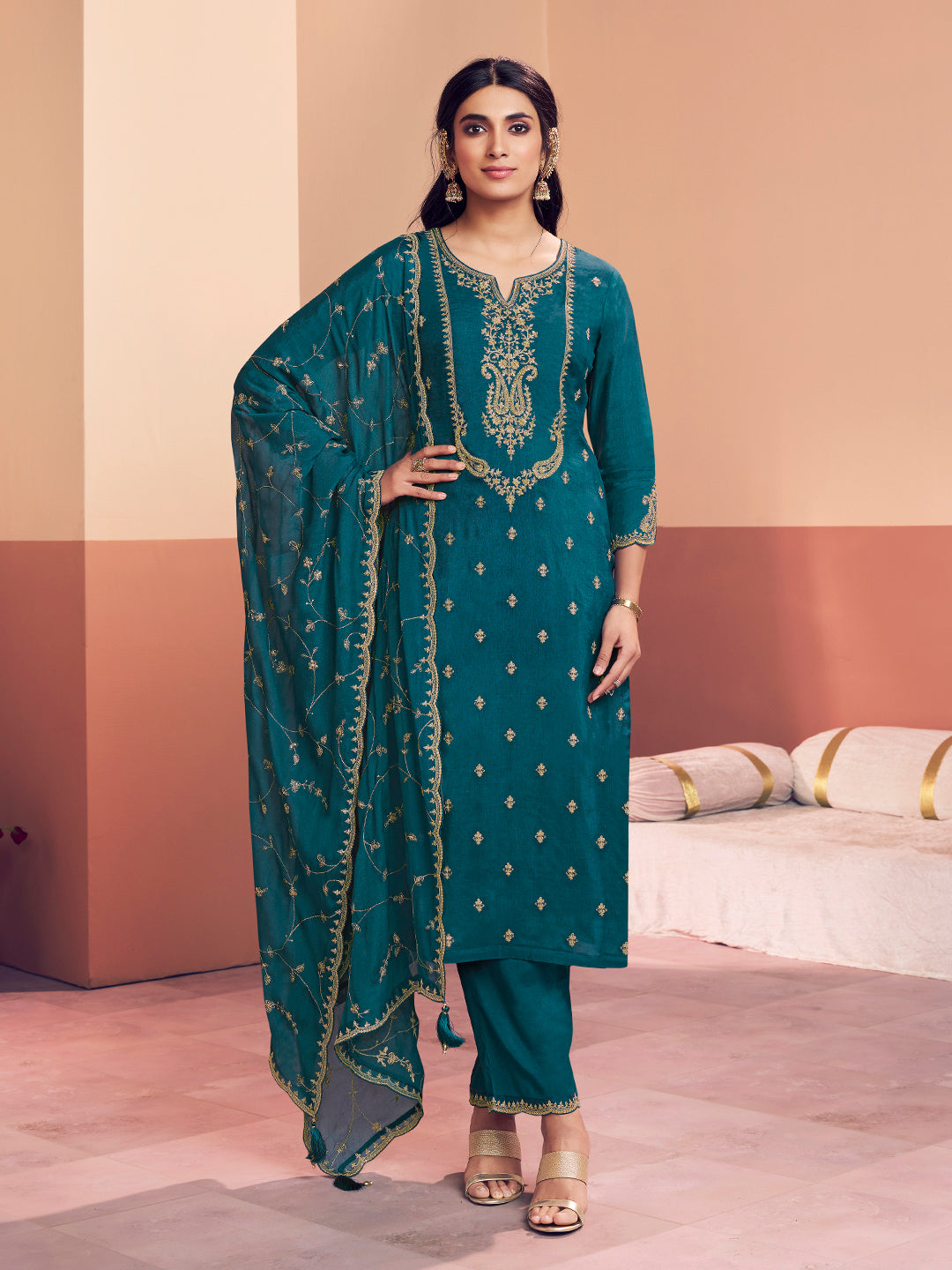Teal Embroidery Straight Kurta With Dyed Trousers And Embroidery Dupatta