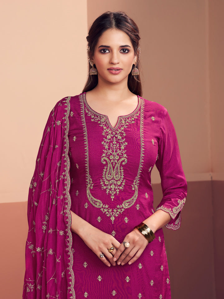 Magenta Embroidery Straight Kurta With Dyed Trousers And Embroidery Jaal Dupatta