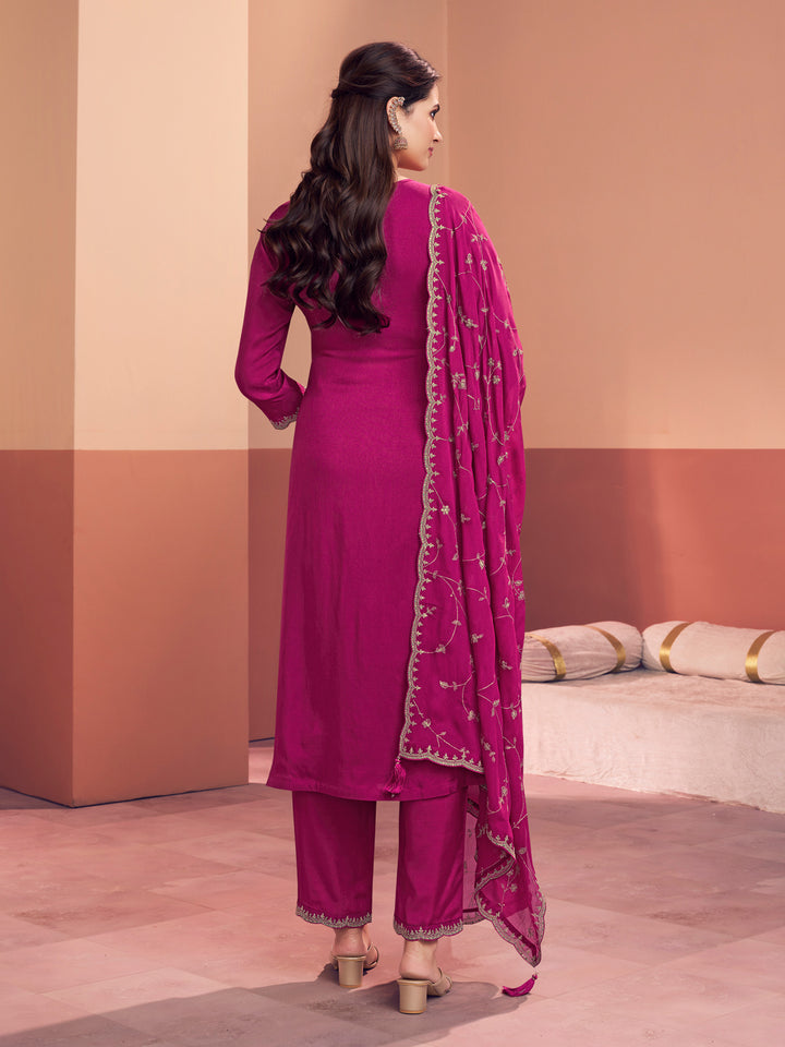 Magenta Embroidery Straight Kurta With Dyed Trousers And Embroidery Jaal Dupatta
