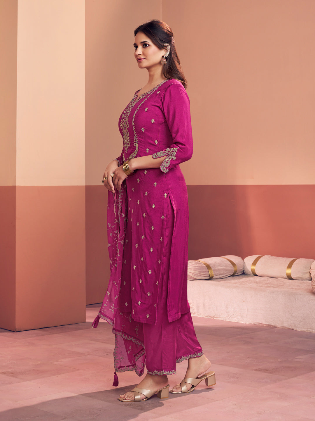Magenta Embroidery Straight Kurta With Dyed Trousers And Embroidery Dupatta