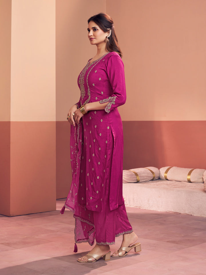 Magenta Embroidery Straight Kurta With Dyed Trousers And Embroidery Jaal Dupatta