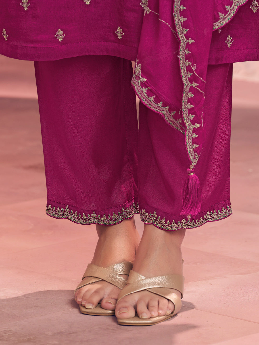 Magenta Embroidery Straight Kurta With Dyed Trousers And Embroidery Dupatta