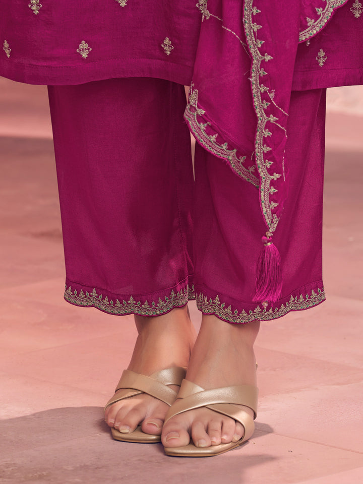 Magenta Embroidery Straight Kurta With Dyed Trousers And Embroidery Jaal Dupatta