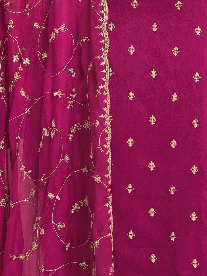 Magenta Embroidery Straight Kurta With Dyed Trousers And Embroidery Jaal Dupatta