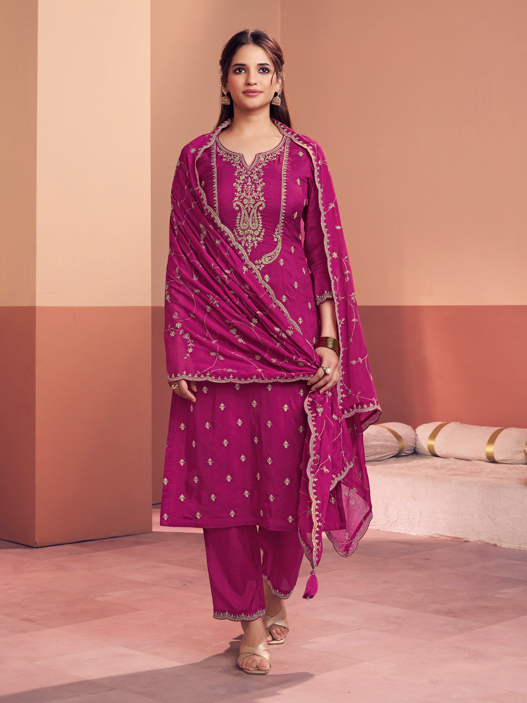 Magenta Embroidery Straight Kurta With Dyed Trousers And Embroidery Dupatta